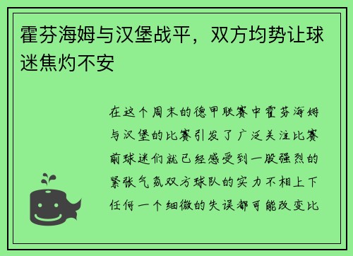 霍芬海姆与汉堡战平，双方均势让球迷焦灼不安