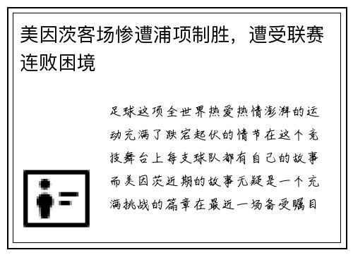 美因茨客场惨遭浦项制胜，遭受联赛连败困境