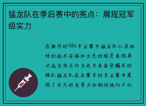 猛龙队在季后赛中的亮点：展现冠军级实力